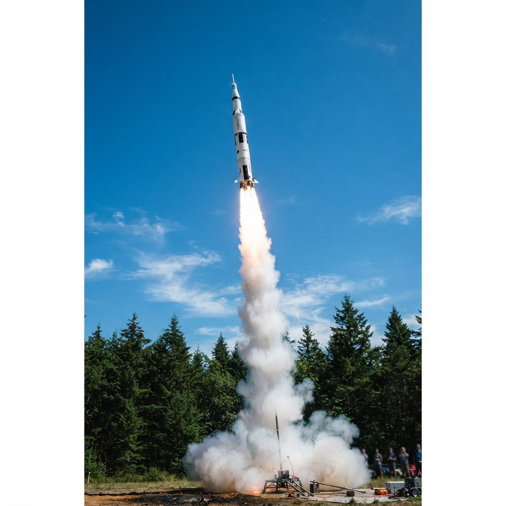 Modellrakete steigt senkrecht in den blauen Himmel auf
