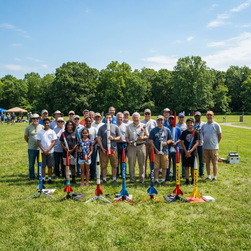 Gruppenfoto der Vereinsmitglieder mit Modellraketen auf einer Wiese