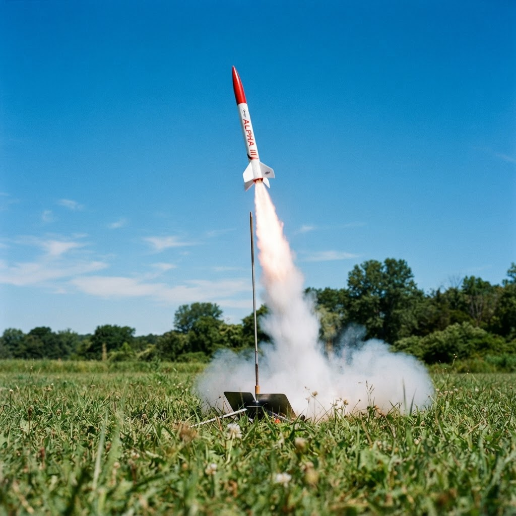 Modellrakete startet mit Rauchfahne von einer Wiese